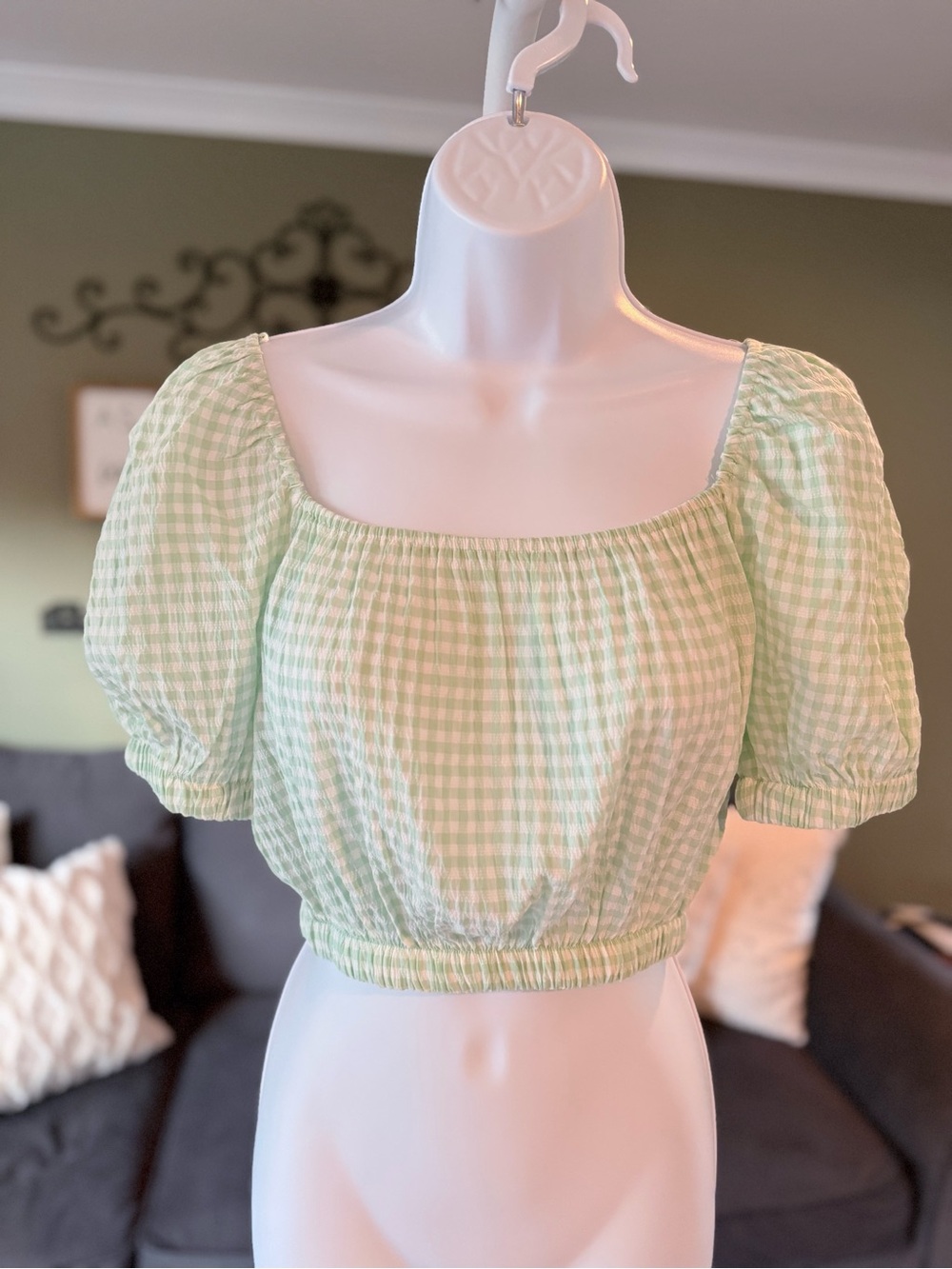 Elodie Light Green Gingham Puff Sleeve Crop Top